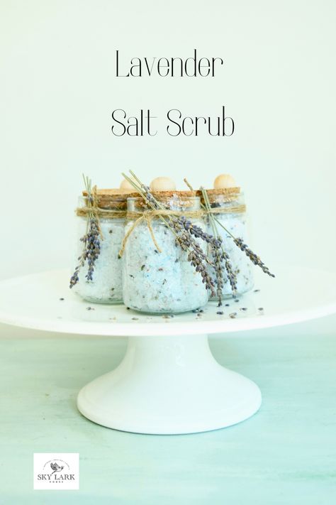 How to Make Lavender Salt Scrub with Coconut Oil - Sky Lark House Coconut Oil Salt Scrub, Lavender Salt, Salt Scrub Diy, Salt Scrub Recipe, Liquid Coconut Oil, Diy Lavender, Scrub Diy, Diy Coconut Oil, Homemade Oil