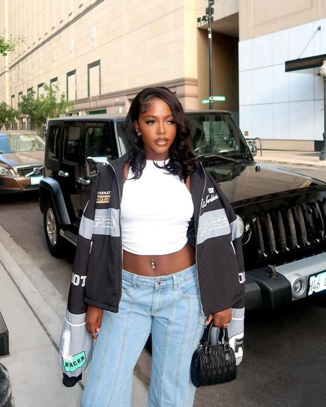 🖤 ON THE ROAD 🖤 @prettytye_ in our Black Oversized Slogan Zipped Racer Bomber Jacket, White Soft Rib Racer Cropped Top and Light Blue Wash Raw Hem Straight Leg Jeans 👖 Tap to shop 🔗 Racer Jacket Outfit, Cross Jacket, Raw Hem Straight Leg Jeans, Racer Jacket, Jacket Outfit, Cool Fits, Biker Jacket, White Top, White Tops