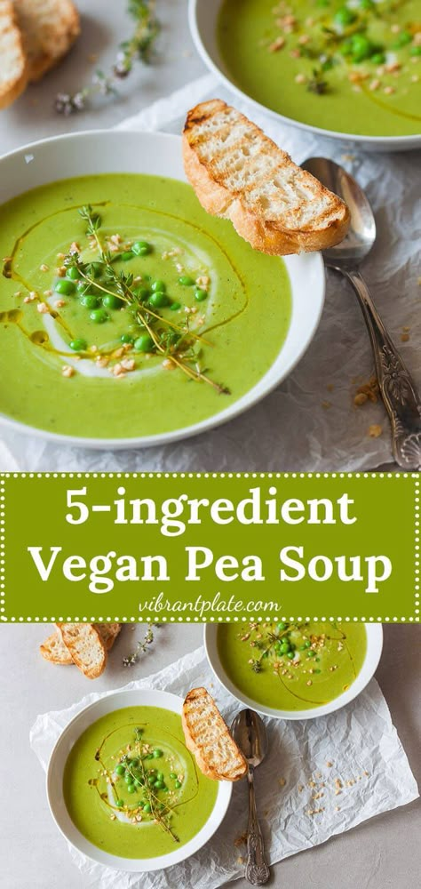 An easy radiant green Vegan Pea Soup that uses only 5 ingredients and 15 minutes to make a delicious meal! #pea #peasoup #vegan #vegetarian #glutenfree #easyrecipe #dinner #recipe Vegan Pea Soup, Vegetable Soup Recipes Healthy, Soup Recipes Healthy Crockpot, Soup Recipes Healthy Vegetarian, Healthy Crockpot Soup, Easy Crockpot Soup, Easy Healthy Soup, Easy Soup Recipes Healthy, Green Pea Soup