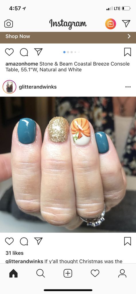 Teal And Orange Fall Nails, Teal Pumpkin Nails, Fall Teal Nails, Pumpkin Nail, Pumpkin Nail Art, S And S Nails, Teal Nails, Mickey Pumpkin, Fall Gel Nails