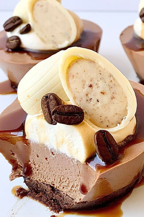 Perfect as a dessert for one, cheeky afternoon sweet treat or great for entertaining a crowd, these mini espresso martini cheesecakes are pretty much perfection. Combining all the flavours you know and love (think espresso coffee, Kahlua and creamy cheesecake), now in an easy-to-devour mini form. We’ve topped each cheesecake with a creamy Coles Finest Hazelnut Brittle & White Chocolate Mini Easter Egg, which makes them the perfect addition to your Easter festivities. Hazelnut Brittle, Dessert For One, Easter Festivities, Coffee Syrup, Coffee Cream, Mini Cheesecakes, Creamy Cheesecake, Espresso Martini, Chocolate Hazelnut