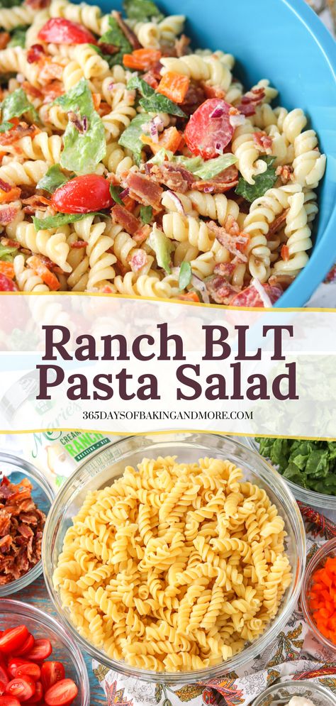 Ranch BLT Pasta Salad is made with Ranch Dressing, rotini pasta, crumbled bacon, cherry tomatoes, red onion, orange pepper, and romaine lettuce. This ranch salad might just make a regular appearance on your menu, especially when warmer temperatures roll around. This super easy Ranch BLT Pasta Salad is a summer great side dish or main dish recipe. Blt Ranch Pasta Salad, Pasta Side Dishes Easy, Blt Pasta Salad Recipe, Rotini Pasta Salad, Blt Pasta Salad, Blt Pasta, Blt Salad, Blt Pasta Salads, Ranch Pasta Salad