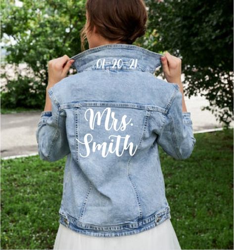 HIGHT QUALITY JACKET  Before you walk down the aisle, walk out in style. This true to fit   denim jacket with white pearls on back is a must have for any Bride to Be.   All the brides love our denim jacket, if you are looking for a gift, this is the perfect one! Add any text. Print will be high quality vinyl white. TRUE USA SIZE Denim Jacket With Pearls, Personalized Bridal Shower Gifts, Custom Jean Jacket, Bride Jacket, Personalized Jacket, Fitted Denim Jacket, Bridal Jacket, Wedding Jacket, Custom Jeans