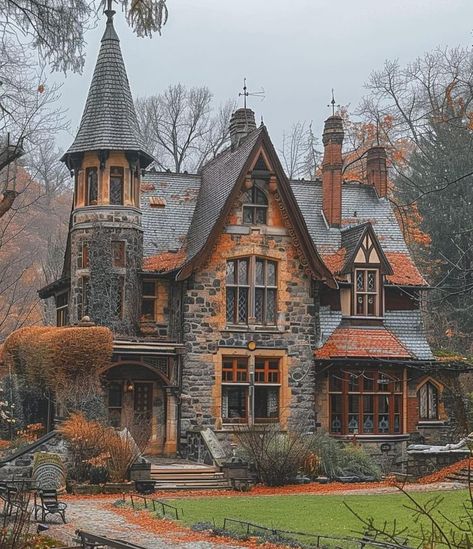 The Queen Of Halloween 365 | Hi ghoulies! Today we’re going to take our evening walk through a beautiful neighborhood with gorgeous houses like this one. The fog has… | Instagram Witch Mansion, Witch Houses, Small Dream Homes, Queen Of Halloween, Victorian Apartment, Fairytale Houses, Old Victorian House, Storybook House, Brick Cottage