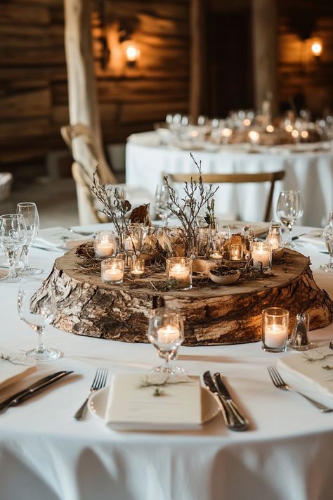 Planning a forest-inspired wedding? These 50+ centerpiece ideas bring the outdoors in with style. From fairy-tale lanterns to whimsical moss runners, these unique designs are the perfect finishing touch. Explore them all for endless inspiration. #woodlanddecor #naturelovers #weddinginspo Rustic Whimsical Wedding Theme, Earthy Wedding Centerpieces, Wooden Slab Centerpiece, Forest Wedding Centerpieces, Outdoor Theme Wedding, Wedding In Woods, Whimsical Forest Wedding, Winter Forest Wedding, Whimsical Wedding Theme