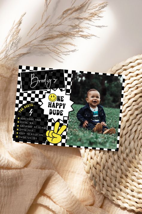 Celebrate your happy little dudes with this Retro Black & White checker editable birthday invite! And you can even put his cheeky smile on the invite :P One Happy Dude First Birthday, Smiley Face Party, One Cool Dude, Cheeky Smile, Birthday Invitation With Photo, One Happy Dude, First Birthday Boy, Straw Flags, Baby Theme