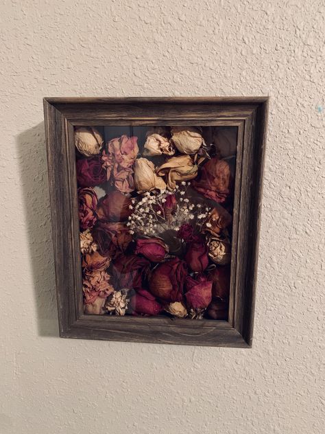 Diy Dried Flower Shadow Box Ideas, Flower Shadow Box Ideas, Died Flowers, Dried Flowers Wall, Rose Flower Wall, Flowers Wall Decor, Diy Shadow Box, Drying Roses, Flower Shadow Box