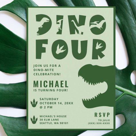 Dino Four Green Dinosaur 4th Birthday Party Invitation #Invitation #card #template #design #pinterestquotes #pinterestideas #pinterestmom #pinterestwedding #aesthetic #love #art #pinterestsuccess 4 Birthday Theme Boy, Four Year Old Birthday Theme Boy, Boys 4th Birthday Themes, Roar Im 4 Birthday, Dinosaur 4th Birthday Party, Dinosaur 4th Birthday, 4th Birthday Party For Boys, Orange Dinosaur, 4th Birthday Boys