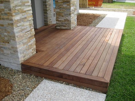 Entrance Deck to the front door of a home. Decking Front Entrance, Front Step Ideas Wooden, Deck To Front Door, Decked Front Porch, Front Patio Decking, Modern Front Door Porch Ideas Entrance, Deck Front Of House Entrance, Decking Front Of House, Deck At Front Of House