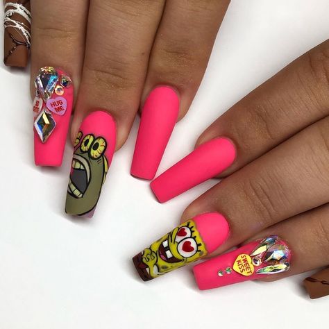 nail ideas , nail art designs , nail ideas , nail shapes , nail acrylic. insta: nailpro.shz Spongebob Valentines Day, Nail White Design, Spongebob Valentines, Pretty Nail Designs Acrylics, Chocolate Nails, Spongebob Nails, Nail White, Kylie Jenner Nails, Original Makeup