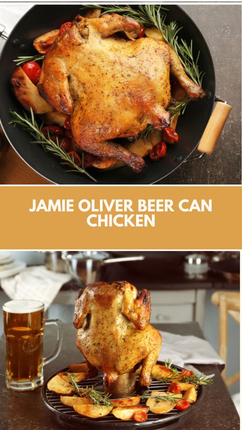 Jamie Oliver Beer Can Chicken is made with whole free-range chicken, olive oil, beer, barbecue sauce, fresh red chili, spring onions, and fresh coriander. This unique and flavorful Jamie Oliver recipe creates a delicious dinner that takes about 1 hour and 30 minutes to prepare and can serve up to 4-6 people. Jamie Oliver 15 Minute Meals, Can Chicken, Mole Sauce, Beer Can Chicken, Jamie Oliver Recipes, 15 Minute Meals, Spring Onions, Canned Chicken, Whole Chicken