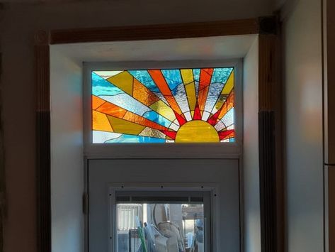 Mission Stained Glass Patterns, Transom Window Stained Glass Ideas, Transom Stained Glass Patterns, Transom Windows Interior, Vestibule Door, Modern Stained Glass Windows, Colored Glass Window, Interior Transom, Stained Glass Transom Window