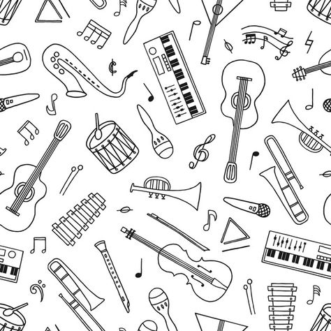 Music Pattern Design, Music Doodles Simple, Music Aesthetic Drawing, Music Doodles Aesthetic, Music Note Doodle, Guitar Doodle, Music Doodles, Musical Instruments Drawing, Music Pattern