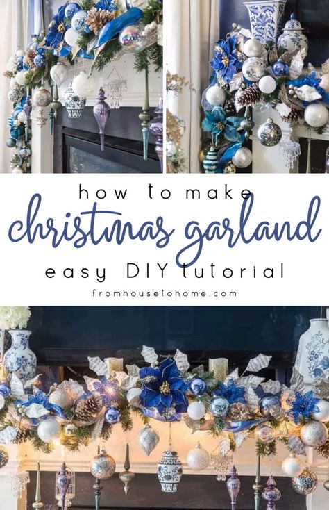 This blue, white and gold Christmas garland looks beautiful over this fireplace mantle. Christmas Fireplace Mantle Decor, Fireplace Cladding, Christmas Fireplace Garland, White Christmas Garland, Christmas Garland Mantle, Mantel Christmas, Xmas Garland, Blue And White Christmas, Garland Tutorial