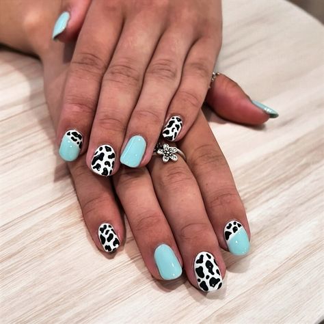 Abstract cow print nails with a bright teal for my client who works in farming 🐄🤠 much needed week off and a self care treat! #cowprint #abstractnailart #tealnails #summernailart #farmnails #farminguk #selfcareneeded Western Themed Nails, Cute Cow Print Nails, Cow Print Nails, Western Nails, Teal Nails, Cow Nails, Blue Cow, Abstract Nail Art, Print Nails