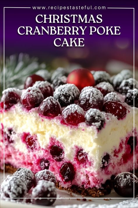 This delightful Christmas Cranberry Poke Cake is a festive dessert that combines a moist white cake with a tangy cranberry layer and a fluffy whipped topping. Perfect for holiday gatherings, it’s sure to impress family and friends with its beautiful presentation and delicious flavor! Best Christmas Cake Recipe Ever, Cranberry Layered Dessert, Cranberry Trifle Recipe, Cranberry Pound Cake Christmas, Cranberry Jello With Cream Cheese, Fresh Cranberry Cake Recipes, Nantucket Cranberry Cake, Cake Recipes Poke Cakes, Christmas Roll Cake Decoration