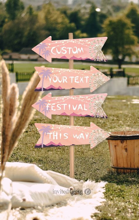 These darling music festival-themed Ferris wheel Arrows and Custom Signs are perfect for your celebration! (ANY age and wording) ♥♥Be sure to snag your INSTANT Discount codes first at www.CassiaVIPs.com (It truly comes instantly All of the text is editable and comes in an INSTANT DOWNLOAD! Our favorite! So no waiting! Just order, download, edit and print! You're ready to Party! PRINT HAPPINESS POPULAR MATCHING ITEMS * Matching decor  https://www.etsy.com/shop/InvitedByCass?ref=seller-platform-mc Festival Birthday Theme, Diy Music Festival Decor, Garden Festival Party Ideas, Festival Themed Party Birthday, Diy Festival Decorations, Music Festival Themed Party, Festival Themed Birthday Party, Music Festival Decorations, Coachella Birthday Party