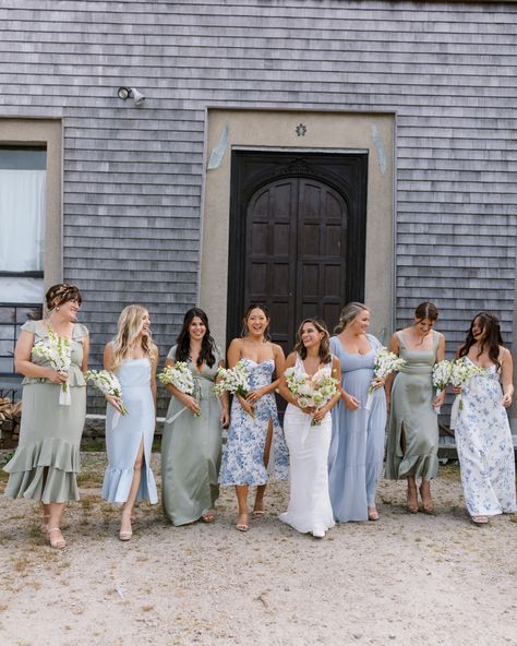 Bridesmaids Dresses With Navy Suits, Dusty Blue And Sage Groomsmen Attire, Wedding With Sage Green, Coastal Grandmother Wedding Dress, Blue Mismatch Bridesmaid Dresses, Bridesmaid Dresses Blue Mismatched, Whimsical Garden Wedding Bridesmaid, Blue Mix Bridesmaid Dresses, Blue Pink Green Bridesmaids