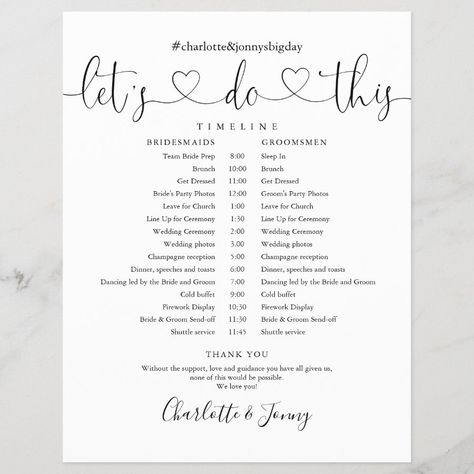 Black And White Script Wedding Schedule Timeline  Zazzle Wedding Week Timeline, Wedding Itenary Ideas, Wedding Day Timeline 1pm Ceremony, Wedding Day Schedule Timeline, Wedding Schedule Timeline, Cold Buffet, Wedding Day Schedule, Grooms Party, Free Wedding Planner