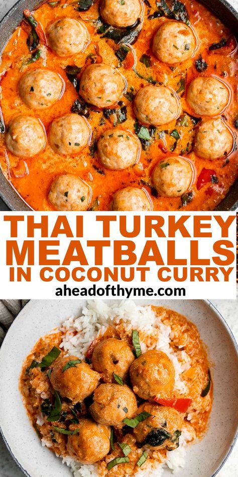 Thai Turkey Meatballs in Coconut Curry Thai Turkey Meatballs In Coconut Red Curry Sauce, Thai Meatball Recipes, Turkey Neck Recipe, Curry Turkey, Thai Turkey Meatballs, Asian Turkey Meatballs, Thai Flavors, Red Curry Sauce, Curry Meatballs