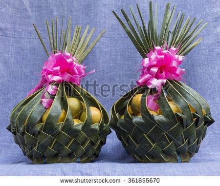 Palm Leaf Basket, Purple Cloth, Leaf Basket, Palm Leaf Baskets, Home Flower Decor, Coconut Leaves, Wedding Gift Pack, Desi Wedding Decor, Flower Decorations Diy