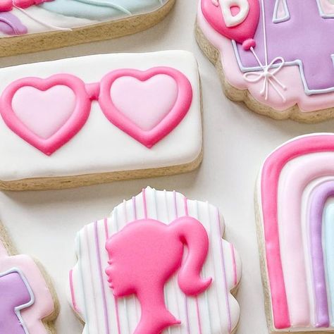 Emily Frantz on Instagram: "Come on Barbie, let’s go party! 💞 Do I love throwing over the top birthday parties? Yes. Yes I do. Do I create more work for myself than it’s worth? Quite possibly. But is it the most fun? Yes! Yes it is! Landry had the most fun Barbie birthday and I’m finally posting the cookies! A year ago I told everyone “NO Barbie’s! I’m not ready for them to take over our life” 😆 And here we are now- fully drowning in Barbie’s and loving it!" Barbie And Ken Cookies Decorated, Barbie Movie Cookies, Barbie Sugar Cookies Royal Icing, Malibu Barbie Cookies, Barbie Cookies Decorated, Barbie Sugar Cookies, Barbie Cookies, Heart Cookies Recipe, Bday Cookies