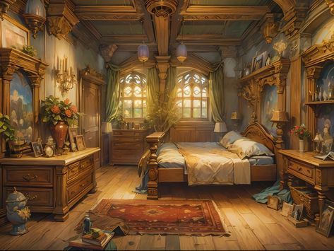 Basement Fantasy Art, Fantasy Inn Room, Royal Bedroom Concept Art, Druid Bedroom, Fantasy House Interior Art, Room Illust, Sandstone Castle, Fantasy Cottage Interior, Medieval Castle Interior