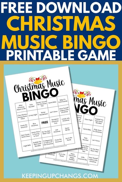 Free CHRISTMAS MUSIC BINGO game card printables in 4 variations or versions. Use with Spotify playlist of hit Christmas songs, hymns like Mariah Carey, Michael Buble, Frank Sinatra, Bing Crosby, Jingle Bell Rock, Santa Baby, I'll Be Home for Christmas, Winter Wonderland, Let it Snow, Santa Claus, Frosty the Snowman, Rudolph Reindeer, Silent Night Holy Night, Feliz Navidad, Joy to the World and more. Christmas Music Bingo Free Printable, Christmas Song Picture Game Printable, Christmas Song Bingo Free Printable, Christmas Music Bingo, Musical Bingo Free Printable, Music Bingo Free Printable, Free Christmas Bingo, Free Christmas Music, Bingo Printable Free