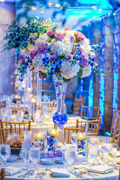 Purple And Blue Wedding, Blue And Purple Wedding, Blue Purple Wedding, White Wedding Centerpieces, Blue Wedding Centerpieces, White Floral Arrangements, Multicultural Wedding, Wedding Table Centerpieces, Wedding Deco