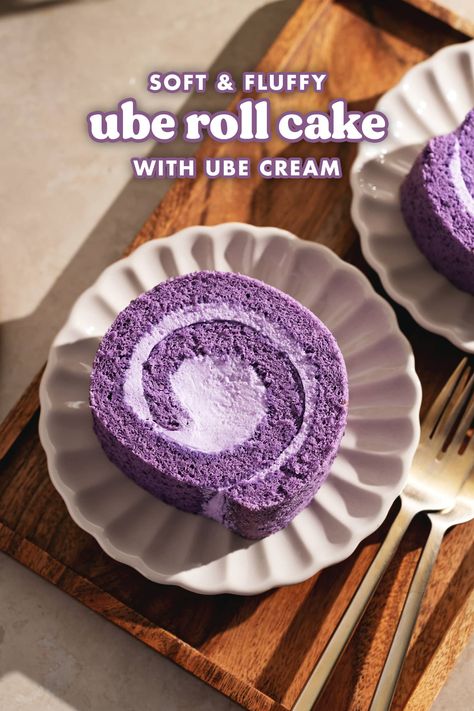 This ube roll cake is made with a soft and fluffy ube chiffon cake that rolls up perfectly without tearing or rippling. It's filled with ube whipped cream to complete this vibrant purple dessert! #ube #rollcake #swissroll #ubecake | teakandthyme.com Ube Recipe, Ube Creme Brulee, Ube Cake Roll, Ube Bread Recipe, Ube Roll Bread, Moist Ube Cake Recipe, Ube Roll Cake Recipe, Easy Ube Cake Recipe, Ube Roll