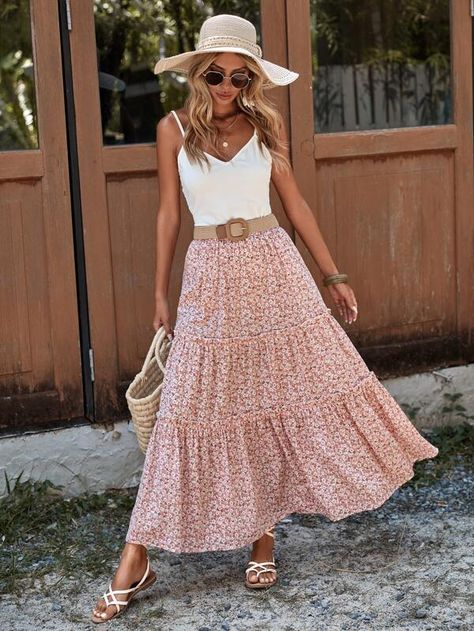 Boho Skirt Outfit, Chic Romper, Boho Mode, Ruffle Hem Skirt, Denim Outfits, Rock Outfit, Mode Boho, Boho Skirts, Summer Dress Outfits