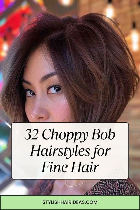 A choppy bob is the perfect way to add dimension and life to fine hair. With these 32 trendy looks, you'll discover how easy it is to rock a textured bob that lasts. #ChoppyBobLooks #FineHairInspiration #EffortlessStyle Fine Hair Stacked Bob, Short Layers Bob Hairstyles, Bobbed Hairstyles For Fine Hair, Bob Haircut Choppy, Trendy Choppy Hairstyles, Flipped Out Bob Hairstyles, Short Layered Bob Fine Hair, Inverted Bob Hairstyles Shoulder Length, Inverted Bob Fine Hair