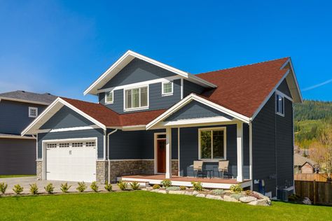 charcoal gray house with red roof Red Roof Homes Exterior Colors, Red Roof House Colors Home Exteriors, Red Roof House Colors, House With Red Roof, Red Roof House, Exterior House Design, Home Gym Design Garage, Gray House, Colonial Style Homes