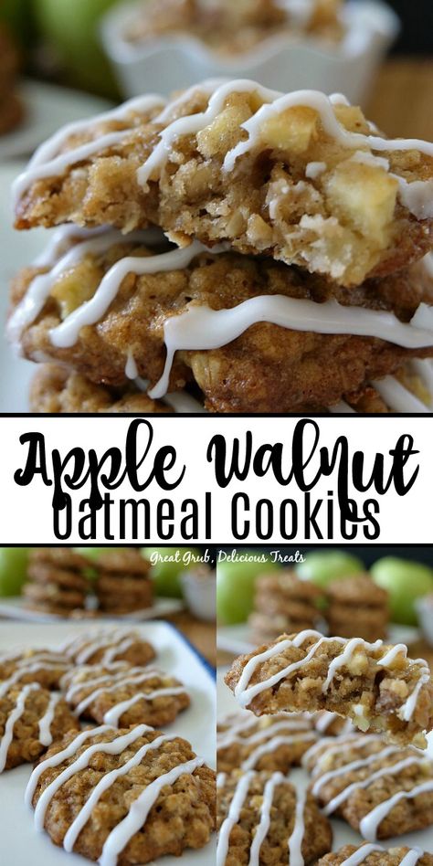 Apple Walnut Oatmeal Cookies are deliciously soft and chewy cookies loaded with apples and walnuts. #cookierecipes #oatmeal #dessertfoodrecipes #applerecipes #greatgrubdelicioustreats Apple Walnut Oatmeal Cookies, Apple Walnut Dessert Recipes, Apple Walnut Bars, Apple And Walnut Recipes, Apple Pecan Cookies, Walnut Baking Recipes, Apple Walnut Cookies, Recipes With Walnuts Healthy, Walnut Deserts