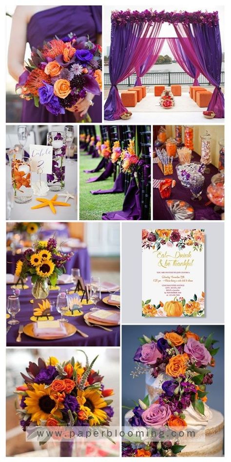 Orange And Purple Wedding Cake, Purple And Orange Wedding Ideas, Halloween Wedding Colors, Orange And Purple Wedding, Orange Wedding Color Scheme, Purple And Orange Wedding, Wedding Color Schemes Purple, Orange Purple Wedding, September Wedding Colors