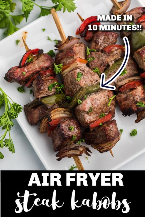 Air Fryer Steak Kabobs are the perfect delicious dinner! Made with steak, onion, and bell peppers. You'll love these healthy kabobs, made in just 10 minutes! Steak Airfryer, Air Fryer Beef, Steak Kabobs, Air Fryer Steak, Beef Kabobs, Tender Steak, Air Fryer Recipe, Kabob Recipes, Air Fry Recipes