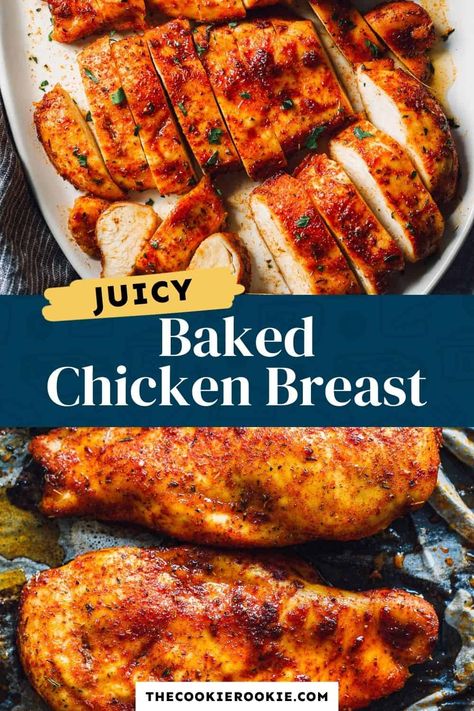 This simple seasoned chicken breast is baked to juicy perfection for a quick and delicious dinner! Juicy Baked Chicken Breast, Seasoned Chicken Breast, Chicken Breast Oven Recipes, Oven Baked Chicken Breast, Chicken Breast Oven, Juicy Baked Chicken, Oven Baked Chicken Breasts, Chicken Breast Recipes Baked, Thighs Chicken