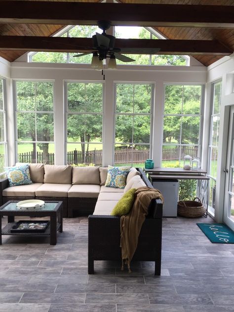 Eze breeze windows.Do you like them? Easy Breeze Windows Porch, Eze Breeze Screened Porch, Ez Breeze Screened Porches, Porch With Windows, Eze Breeze Windows, Eze Breeze, Enclosed Patio Ideas, Charleston House, Outdoor Living Space Design