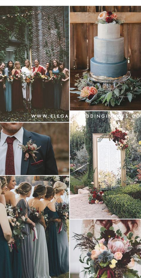 chic moody dark navy, dusty blue, burgundy and peach fall wedding colors Peach Fall Wedding, Burgundy And Navy Wedding, Blue Fall Wedding, Loose Wedding Hair, Marriage Day, Creative Wedding Cakes, Camo Wedding, Wedding Hairstyles Bride, Elegant Wedding Hair