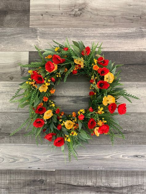 Now available! Summer Poppy Wreath Visit www.joannawreathcreation.etsy.com #wreath #wreathsofinstagram #poppywreath #joannaswreathsandcreations Farmhouse Wreath Decor, Farmhouse Decor Wall, Poppy Wreath, Spring Summer Wreath, Yellow Wreath, Cross Wreath, Wreath Home Decor, Wreath Farmhouse, Faux Florals