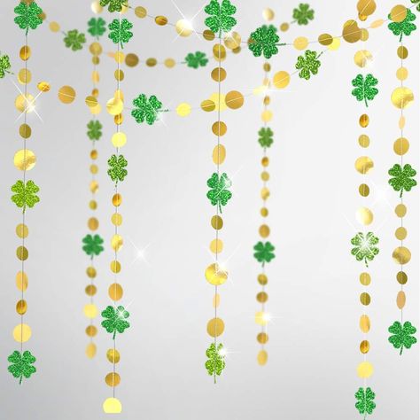 PRICES MAY VARY. 4 strings of 13 ft green glitter four-leaf clover and gold circle garlands, totally 52 ft. Each clover is 3.2 inch wide This glittering paper shamrock streamer kit is specifically designed for the Irish St. Patrick’s Day or any spring celebrations. It combines the beautiful natural green and the glamorous gold colors together and brings about a lively, cheerful and prosperous ambience at home or parties The four leaf garlands are perfect for St Patrick's Day celebration or any S San Patrick Day, Sant Patrick, Shamrock Garland, Irish Party, Streamer Backdrop, Circle Garland, Irish Baby, Spring Birthday, St Patrick's Day Decorations