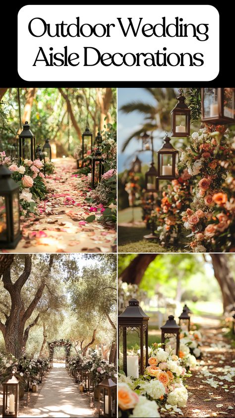 Outdoor wedding aisle decorated with lanterns and lush floral arrangements, creating a magical and elegant atmosphere for a rustic, bohemian, or classic wedding ceremony. Lantern Aisle Decor Outdoor Ceremony, Outdoor Wedding Ceremony Decorations Aisle Benches, Outside Aisle Decorations Wedding, Benches For Wedding Ceremony, Wedding Aisle Flowers On Ground, Lantern Aisle Decor, Outdoor Wedding Aisle Decor, Outdoor Wedding Alter, Outdoor Wedding Aisle Decorations