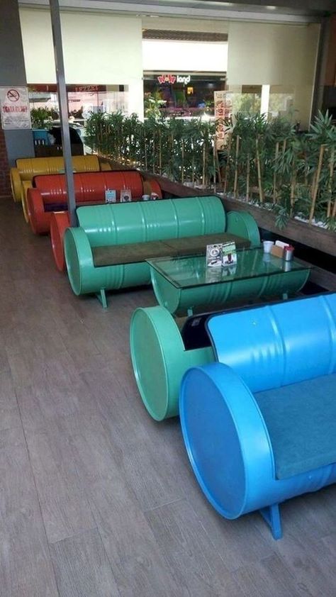 Barrel Sofa, Container Cafe, Garage Furniture, Metal Drum, Barrel Furniture, Eco Friendly Furniture, Coffee Shop Design, Restaurant Ideas, Cafe Interior Design