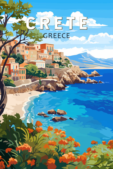 Retro-style illustration of Crete, Greece, featuring vibrant landscapes with Mediterranean scenery, capturing the island's beauty under a bright blue sky. Vintage Travel Posters Greece, Greece Travel Poster, Paintings Of Greece, Vintage Travel Aesthetic, Crete Aesthetic, European Illustration, Explore Poster, Destination Poster, Ipad School