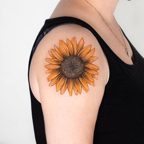 Tattoo Prague, Sunflower Tattoo Simple, Random Tattoos, Sunflower Tattoo Shoulder, House Tattoo, Tattoo On Shoulder, Sunflower Colors, Sunflower Tattoos, Bad Tattoos