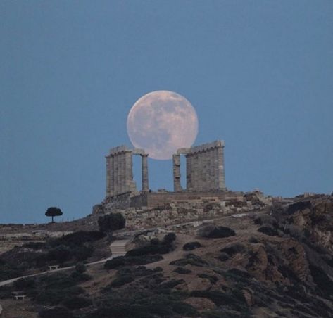 The Full Moon, A Hill, Full Moon, Blue Sky, Greece, Trees, Moon, Blue, Ruins