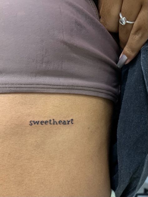 Sweetheart Tattoo Words, Sweet Soul Tattoo, Sweetness Tattoo, Short N Sweet Tattoo, Lovely Tattoo Word, Sweet Tattoos For Women, Pure Heart Tattoo, Sweetie Tattoo, Cute Word Tattoos