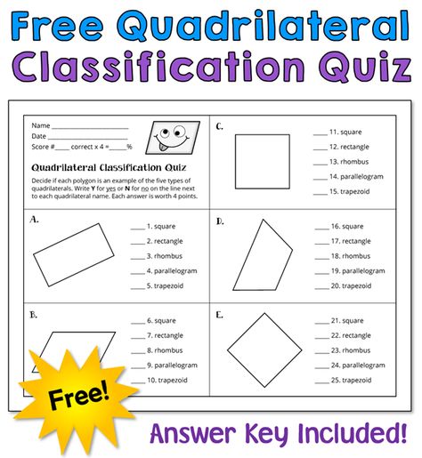 How well do your students  classify quadrilaterals? To find out, download this free quiz from Laura Candler's Teaching Resources! Classifying Quadrilaterals Activities, Classify Quadrilaterals, Teaching Quadrilaterals, Quadrilaterals Activities, Quadrilaterals Worksheet, Classifying Quadrilaterals, Teacher Portfolio, Math Clipart, Math Center Games