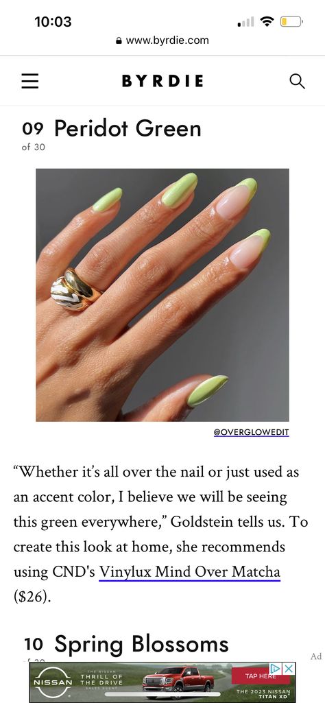 August Peridot Nails, Peridot Green Nails, Peridot Nails Designs, Peridot Nails, Nissan Titan Xd, Cnd Vinylux, Peridot Green, Spring Blossom, Green Nails