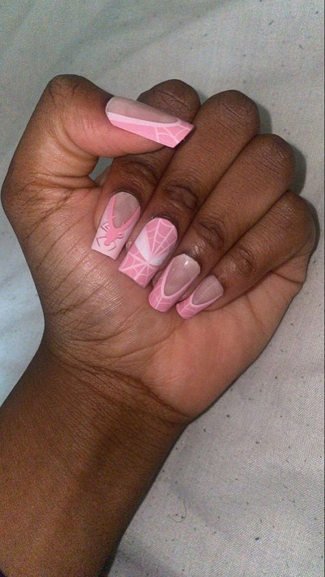 Pink Nail Designs With Hearts, Grey Spider Web Nails, Short Acrylic Spider-man Nails, Y2k Nails Acrylic Short Pink, Pink And White Spider Man Nails, Spiderman Nails Ideas, Short Nails Ideas Spiderman, Pink Nail Designs Y2k, Miles Morales Acrylic Nails